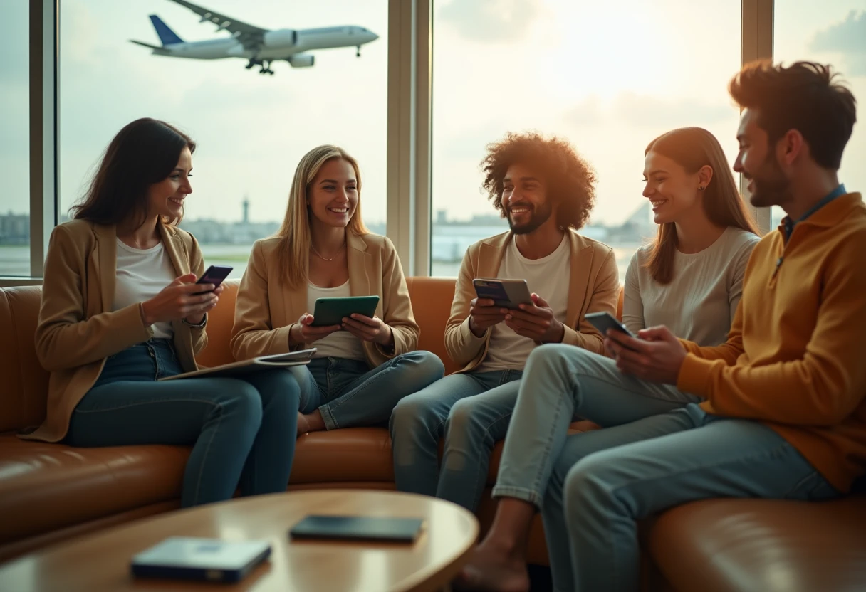 Travel rewards credit card users at an airport lounge